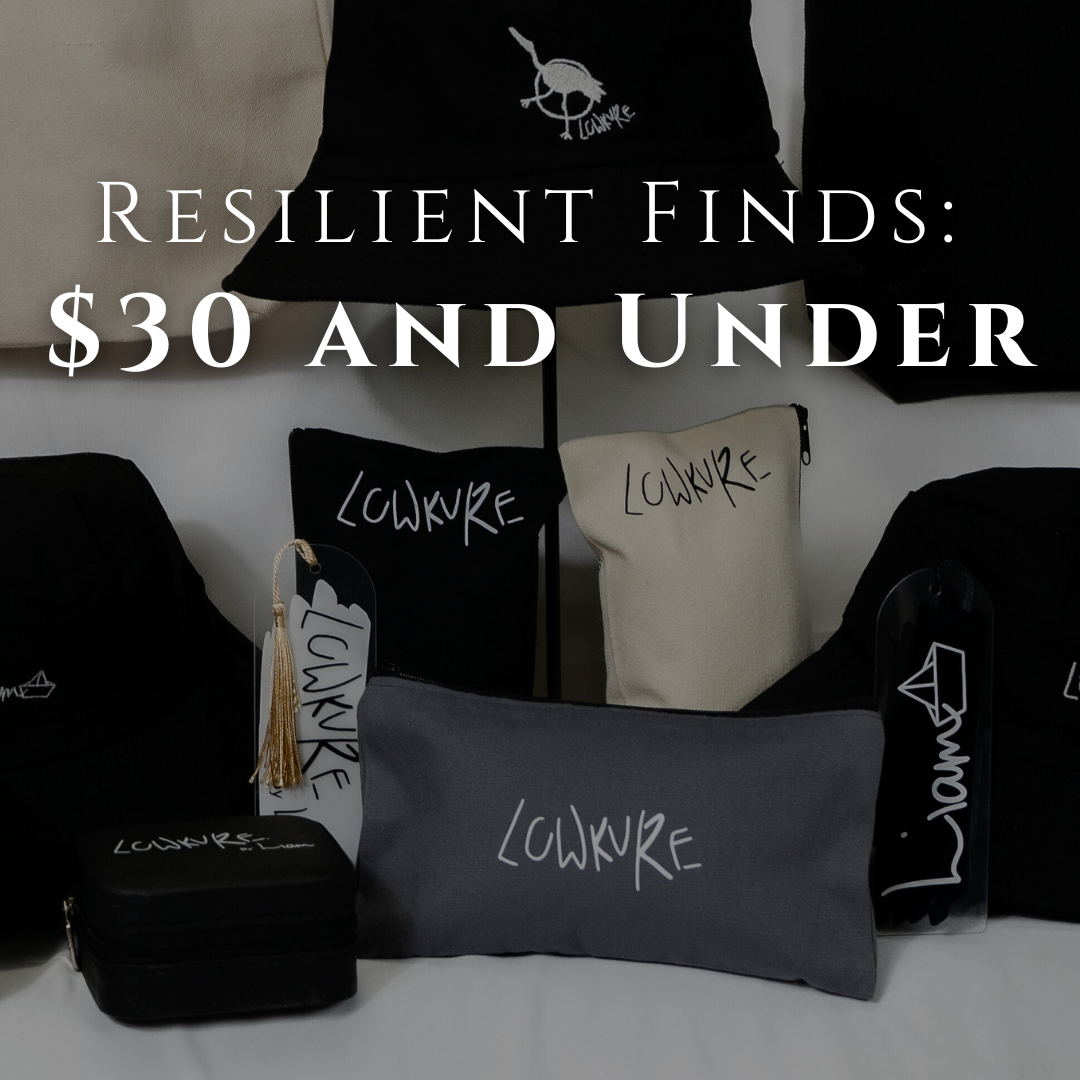 LowKure Shadow & Halo Collection, LowKure Memory-Marks, Resilience Bucket Hats, Shadow & Halo Mini Pouch, Forever Treasure Chest. Featuring the Japanese Crane logo, a symbol of hope. The LowKure by Liam logo, a symbol of growth. The Artist's Signature Legacy, a symbol of legacy. LowKure logo, a symbol of grit. 