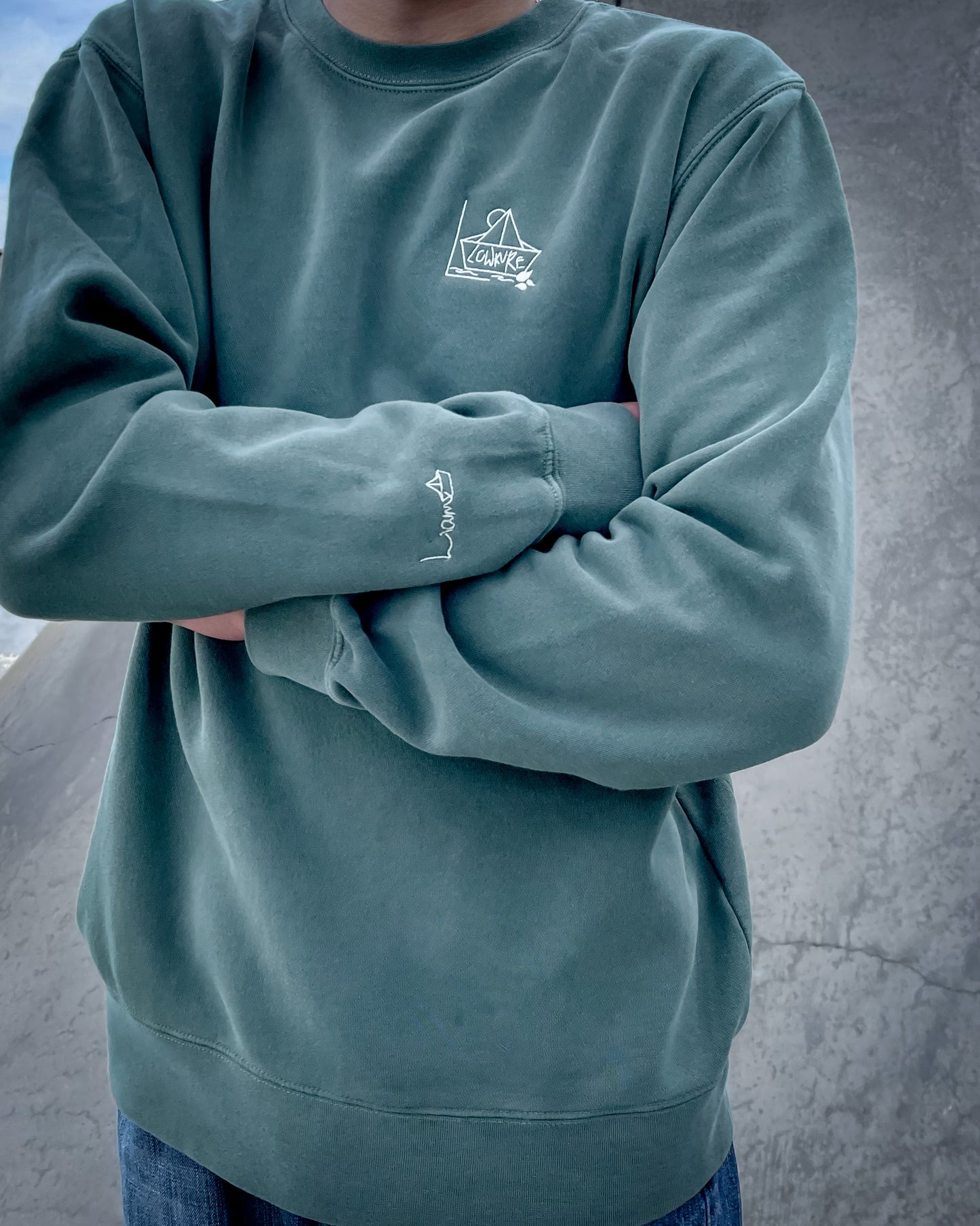 More Than a Best Friend Sweatshirt:  Men's / Unisex Vintage Dye Crewneck Sweatshirt -  ALPINE GREEN  |  River of Resilience Logo